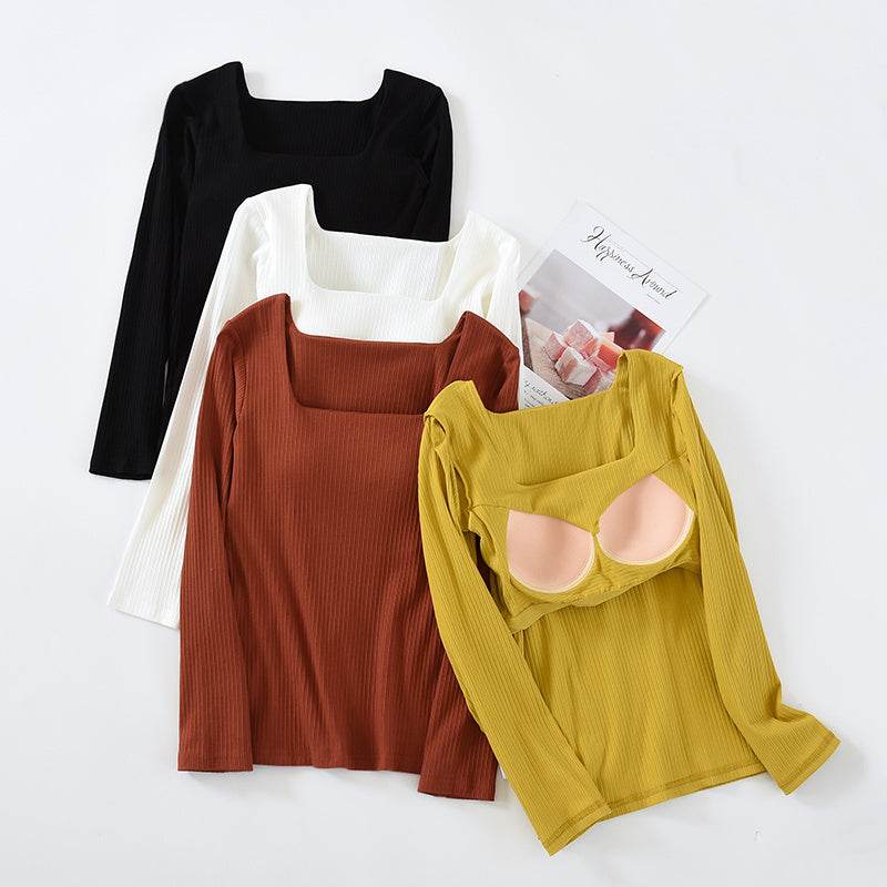 Cotton Long-sleeved Free-wear Bra And Cup Bottoming Shirt With Chest Pad - Mubimart
