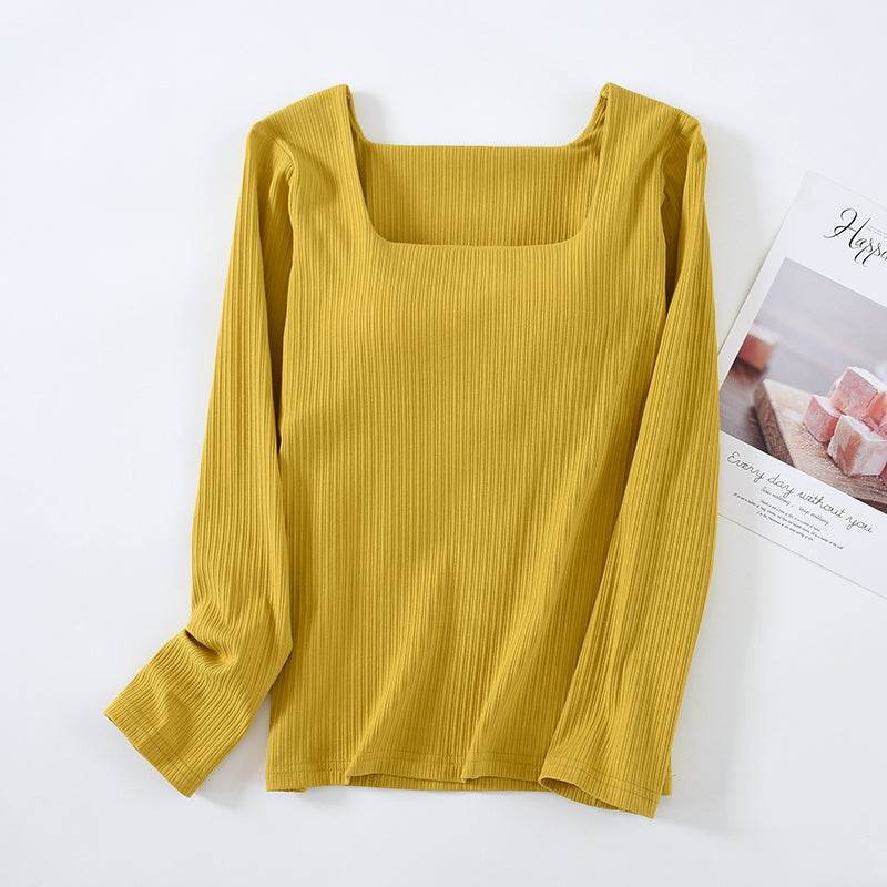 Cotton Long-sleeved Free-wear Bra And Cup Bottoming Shirt With Chest Pad - Mubimart
