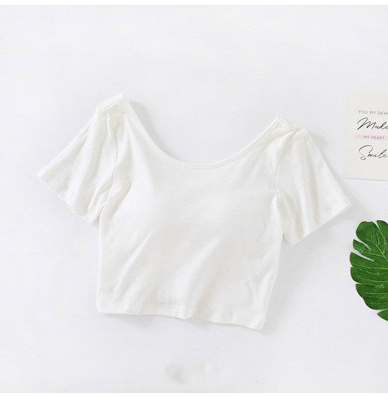 Comes With Chest Pad, Short-Sleeved, High-Waist, Big Round Neck T-Shirt, Women's Non-Wireless Cup And Bra Bottoming Shirt - Mubimart