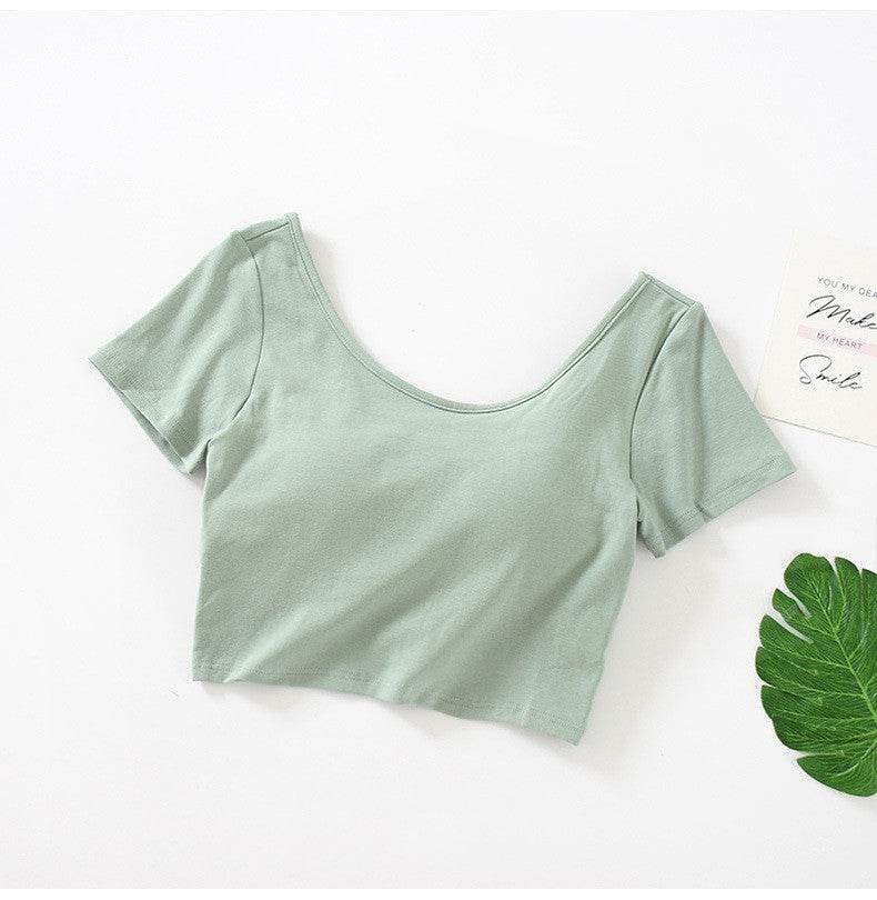 Comes With Chest Pad, Short-Sleeved, High-Waist, Big Round Neck T-Shirt, Women's Non-Wireless Cup And Bra Bottoming Shirt - Mubimart