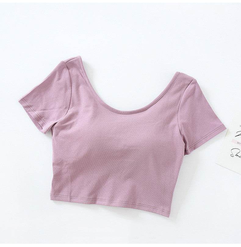 Comes With Chest Pad, Short-Sleeved, High-Waist, Big Round Neck T-Shirt, Women's Non-Wireless Cup And Bra Bottoming Shirt - Mubimart