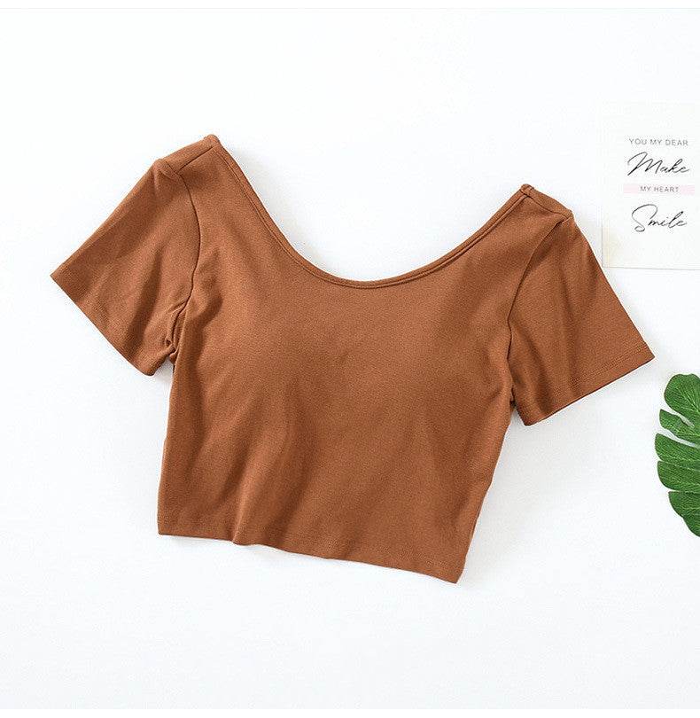 Comes With Chest Pad, Short-Sleeved, High-Waist, Big Round Neck T-Shirt, Women's Non-Wireless Cup And Bra Bottoming Shirt - Mubimart