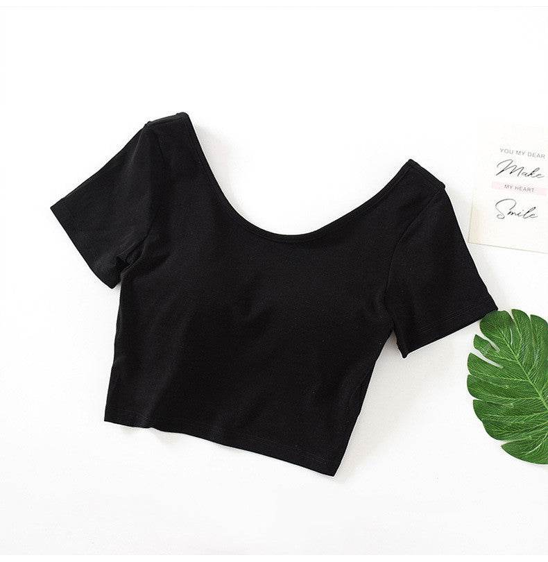 Comes With Chest Pad, Short-Sleeved, High-Waist, Big Round Neck T-Shirt, Women's Non-Wireless Cup And Bra Bottoming Shirt - Mubimart