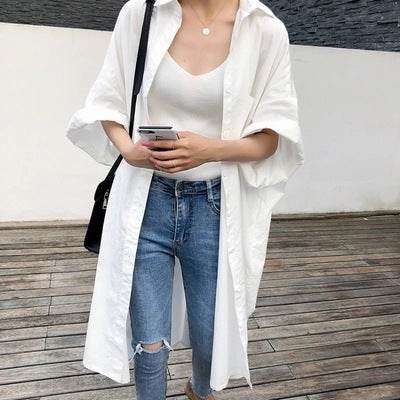 Summer Plus Size Women's Sun Protection Clothing Loose Short Sleeved Long Shirt Dress - Mubimart