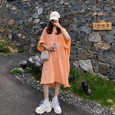 Summer Plus Size Women's Sun Protection Clothing Loose Short Sleeved Long Shirt Dress - Mubimart