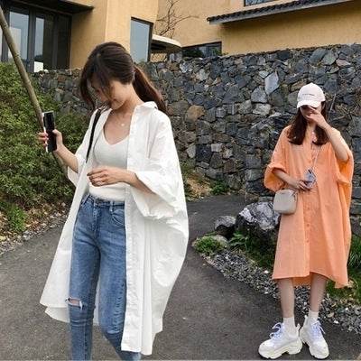 Summer Plus Size Women's Sun Protection Clothing Loose Short Sleeved Long Shirt Dress - Mubimart
