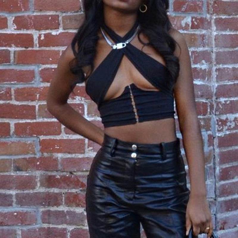 Cryptographic Breasted Sexy Halter Wrap Crop Tops Women - Mubimart