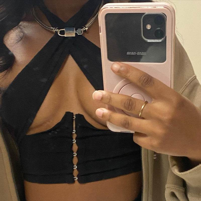 Cryptographic Breasted Sexy Halter Wrap Crop Tops Women - Mubimart