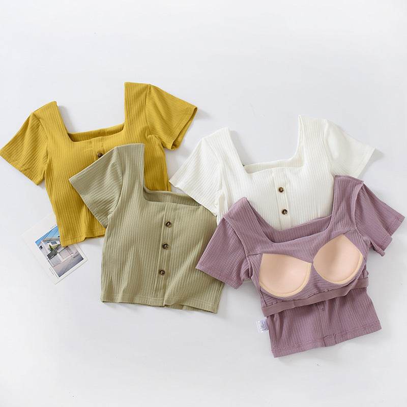 Comes With Chest Pad And Short-sleeved Short-sleeved Bra And Cup Bottoming Shirt - Mubimart
