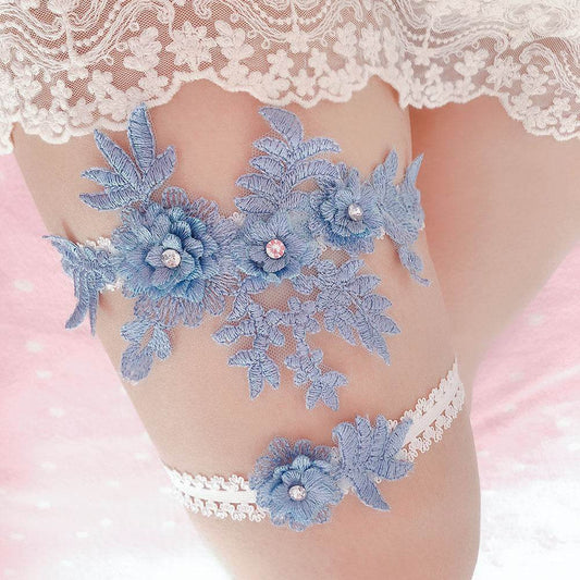 Original Handmade Bridal Lace Garter Belt With Rhinestone Flowers - Mubimart