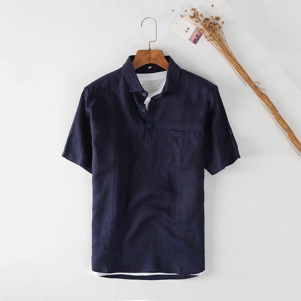 Ummer Men's Linen Shirt Simple Pullover Lapel Men's Linen Shirt C028 - Mubimart