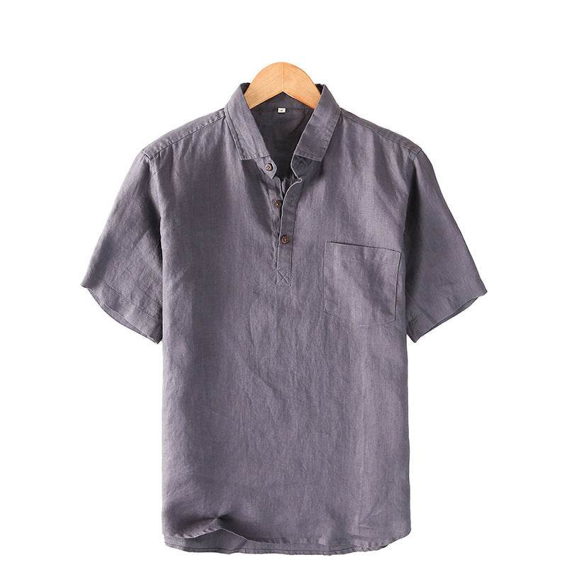 Ummer Men's Linen Shirt Simple Pullover Lapel Men's Linen Shirt C028 - Mubimart
