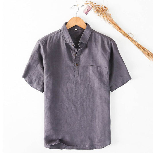 Ummer Men's Linen Shirt Simple Pullover Lapel Men's Linen Shirt C028 - Mubimart