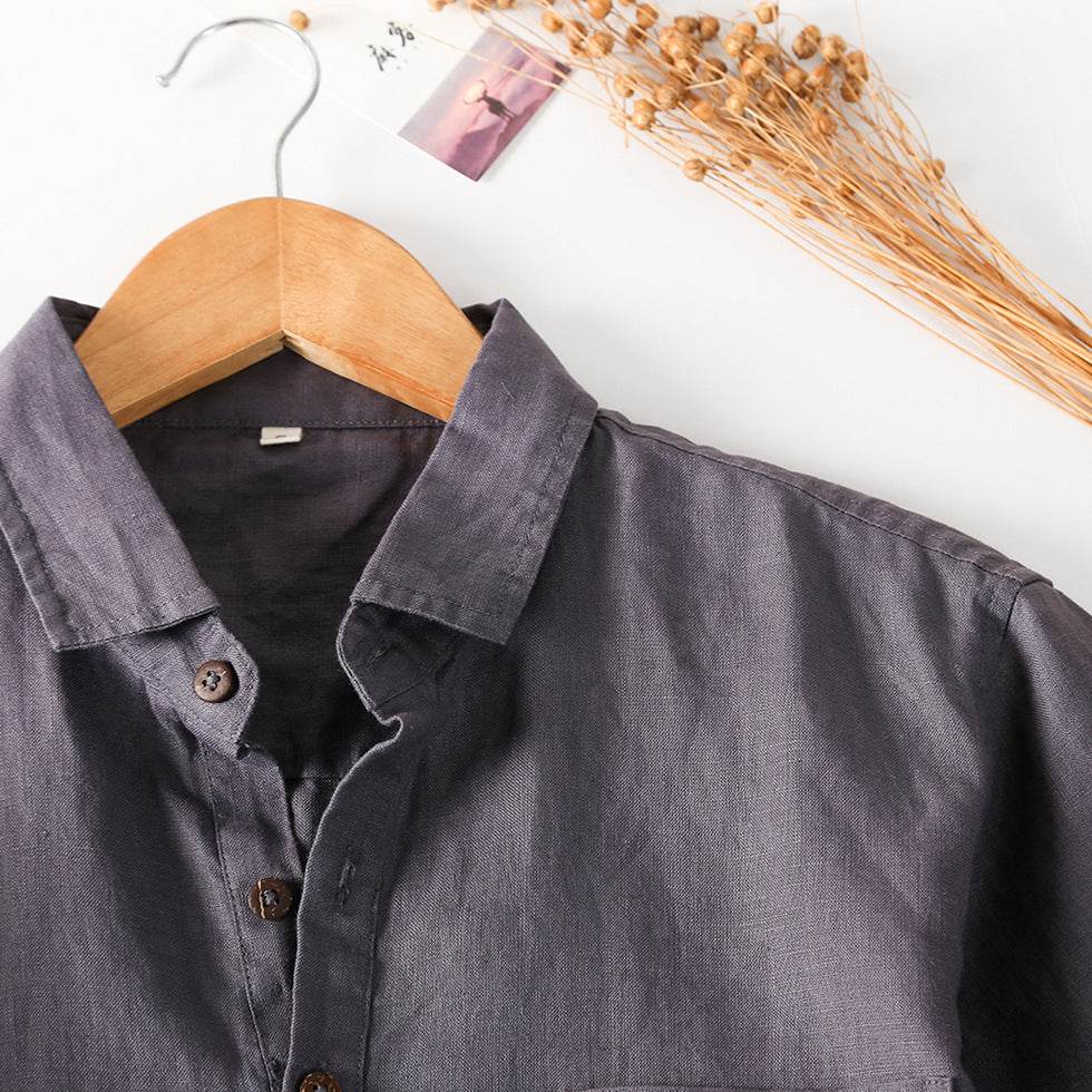 Ummer Men's Linen Shirt Simple Pullover Lapel Men's Linen Shirt C028 - Mubimart