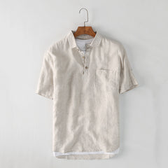 Ummer Men's Linen Shirt Simple Pullover Lapel Men's Linen Shirt C028