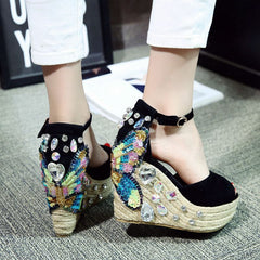 Wedge Heel Rhinestone Sandals Women Summer Fashion Fish Mouth High Heels