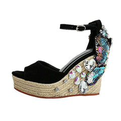 Wedge Heel Rhinestone Sandals Women Summer Fashion Fish Mouth High Heels