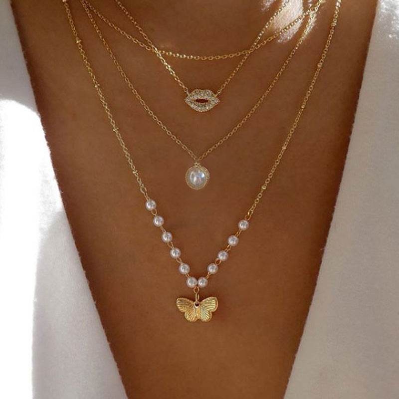 17KM-Multilayer Butterfly Pearl Necklace For Women Gold Pearl Choker Sun Star Jewelry Gift - Mubimart