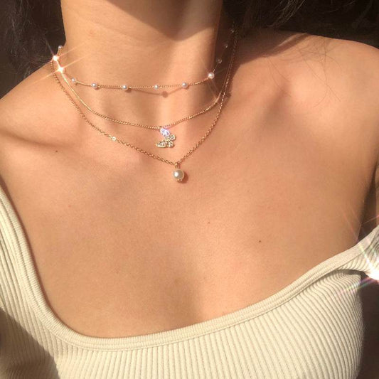 17KM-Multilayer Butterfly Pearl Necklace For Women Gold Pearl Choker Sun Star Jewelry Gift - Mubimart