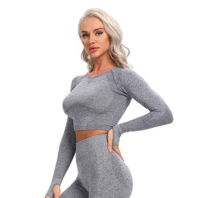 Seamless Yoga Top Fitness Long Sleeve Women Gym Crop Top - Mubimart