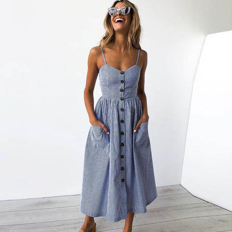 Hanging Wide Loose Size Fat Mm Striped Dress With Button Pocket Midi Skirt - Mubimart