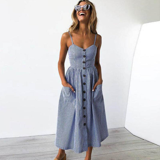 Hanging Wide Loose Size Fat Mm Striped Dress With Button Pocket Midi Skirt - Mubimart