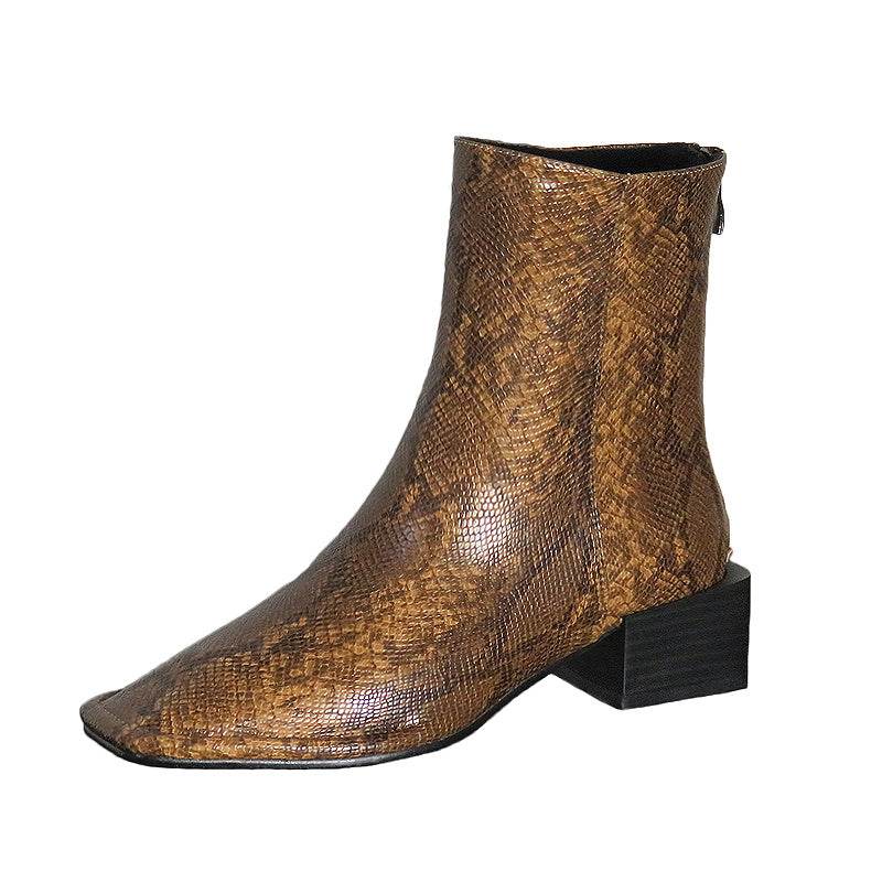 Women's back zipper square toe short boots - Mubimart