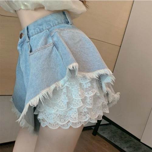 Lace Bottoming, Denim High-waisted Shorts, Two-piece Women - Mubimart