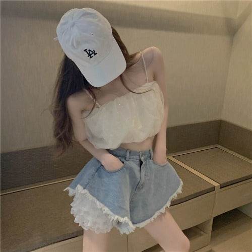 Lace Bottoming, Denim High-waisted Shorts, Two-piece Women - Mubimart