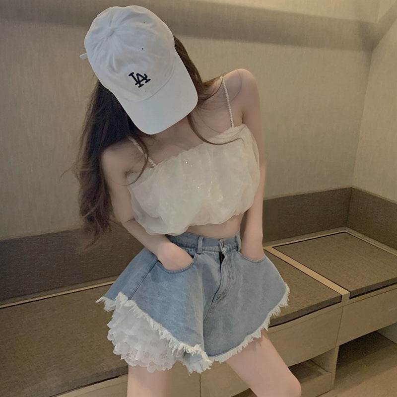 Lace Bottoming, Denim High-waisted Shorts, Two-piece Women - Mubimart