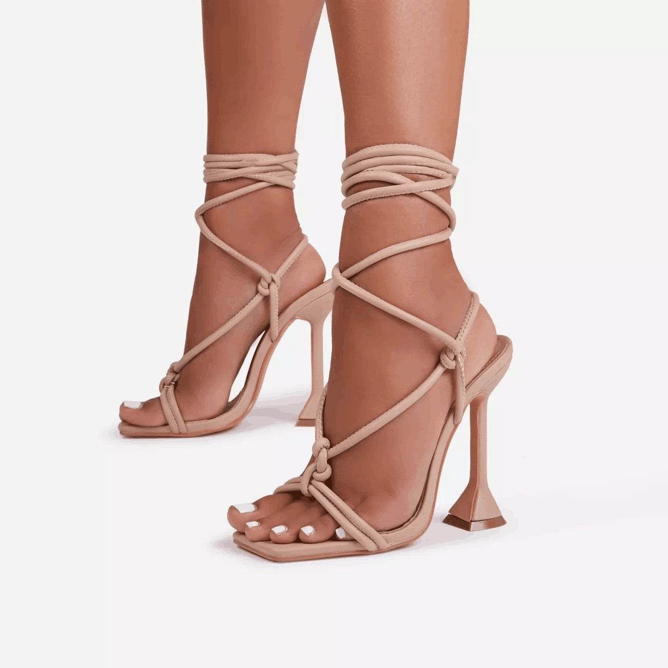 High Heel Strappy Sandals Women Square Toe Shoes Party - Mubimart