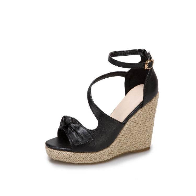 Womens Shoes Buckle Female Blue Denim Thick Heel Pointed Toe Wedges Casual Work Shoes - Mubimart