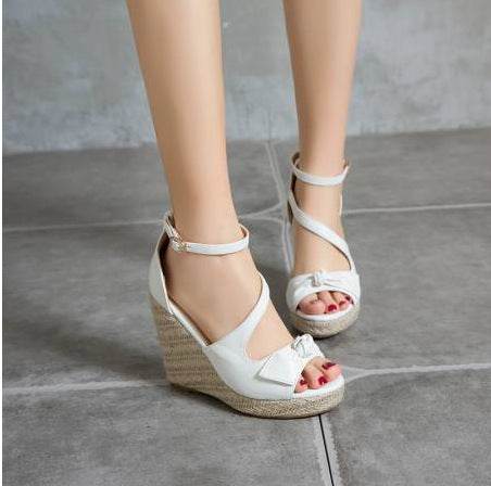 Womens Shoes Buckle Female Blue Denim Thick Heel Pointed Toe Wedges Casual Work Shoes - Mubimart