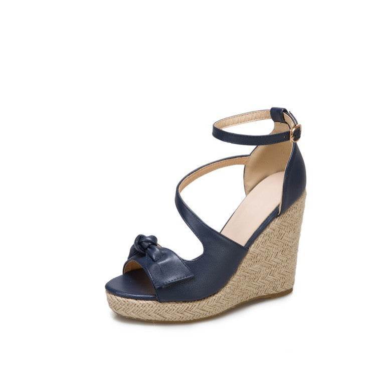 Womens Shoes Buckle Female Blue Denim Thick Heel Pointed Toe Wedges Casual Work Shoes - Mubimart