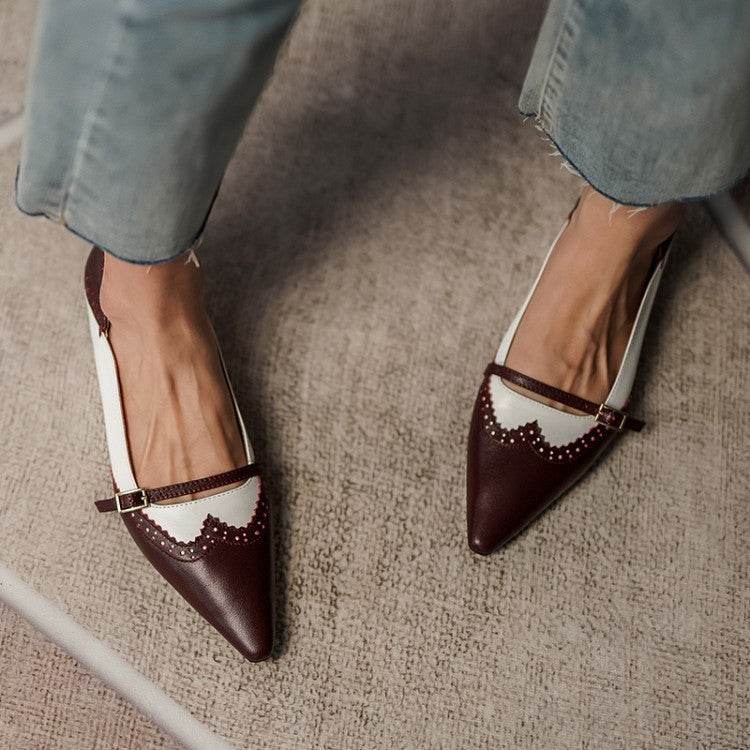 Women Genuine Leather Flats Metal Buckle Decoration Ladies Spring Retro Pointed Toe Non Slip - Mubimart