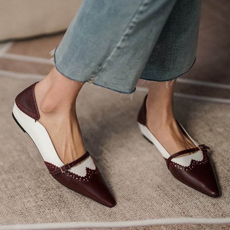 Women Genuine Leather Flats Metal Buckle Decoration Ladies Spring Retro Pointed Toe Non Slip - Mubimart