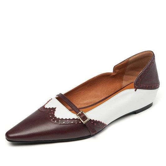 Women Genuine Leather Flats Metal Buckle Decoration Ladies Spring Retro Pointed Toe Non Slip - Mubimart