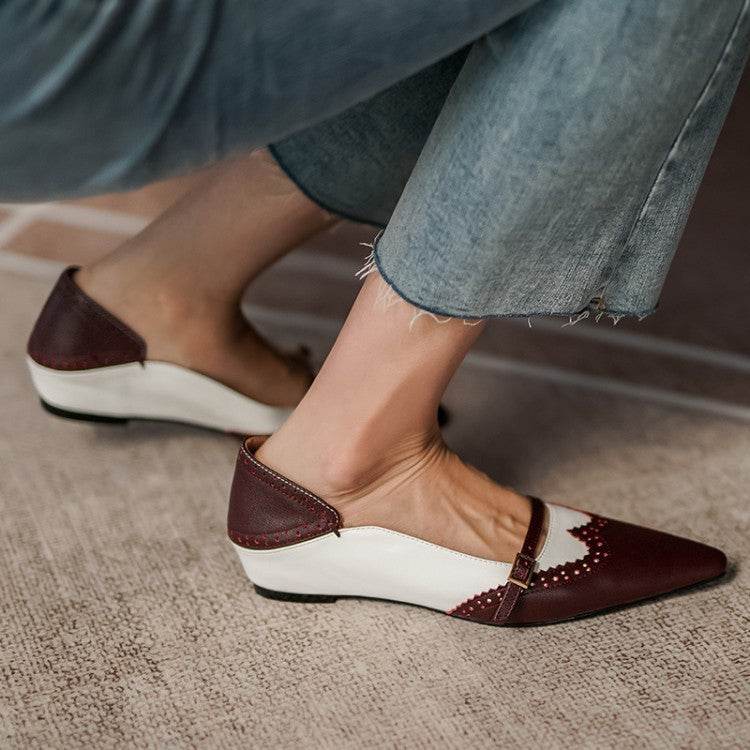 Women Genuine Leather Flats Metal Buckle Decoration Ladies Spring Retro Pointed Toe Non Slip - Mubimart