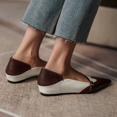 Women Genuine Leather Flats Metal Buckle Decoration Ladies Spring Retro Pointed Toe Non Slip