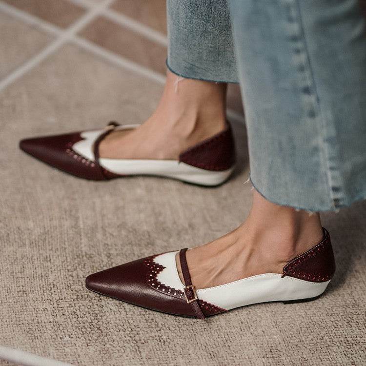 Women Genuine Leather Flats Metal Buckle Decoration Ladies Spring Retro Pointed Toe Non Slip - Mubimart