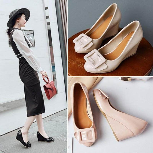 Bright Leather Wedding Shoes Bridesmaid Work Wedge Heel - Mubimart