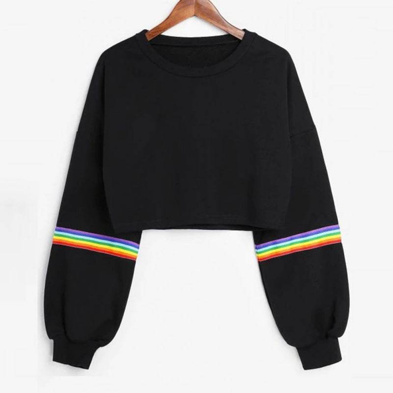 Sweatshirts Female Hoodie Rainbow Striped Crop Sweatshirt Ho - Mubimart
