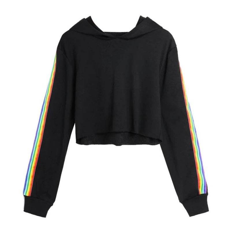 Sweatshirts Female Hoodie Rainbow Striped Crop Sweatshirt Ho - Mubimart