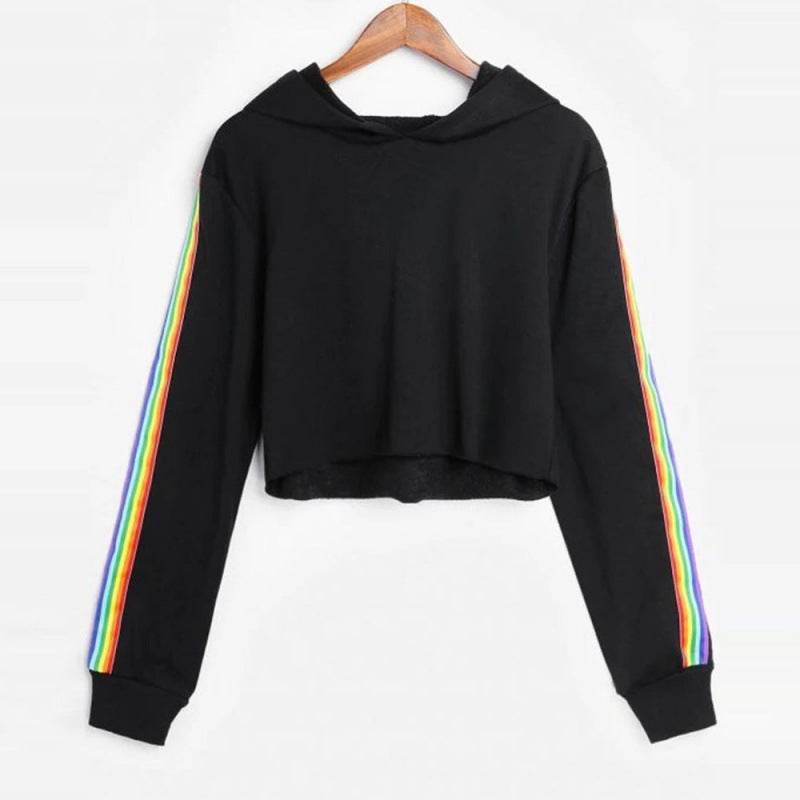 Sweatshirts Female Hoodie Rainbow Striped Crop Sweatshirt Ho - Mubimart