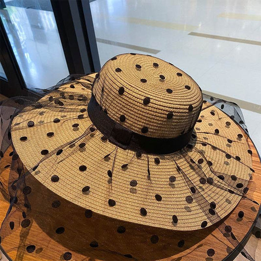 Wide Brim Beach Polka Dot Mesh Large Oversized Straw Hats For Women - Mubimart