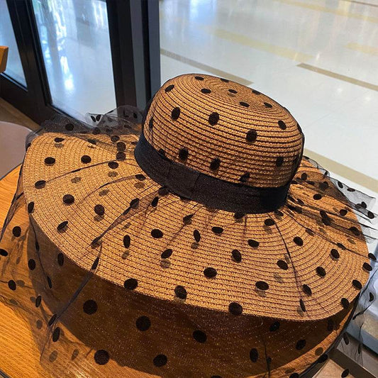 Wide Brim Beach Polka Dot Mesh Large Oversized Straw Hats For Women - Mubimart