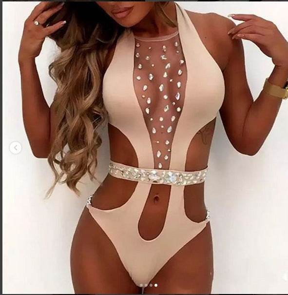 Sexy Women One Piece Swimwear Beachsets Lace Up Mesh Patchwork Monokini Bathings High Waist Thong Bathing Bodysuits Sets - Mubimart
