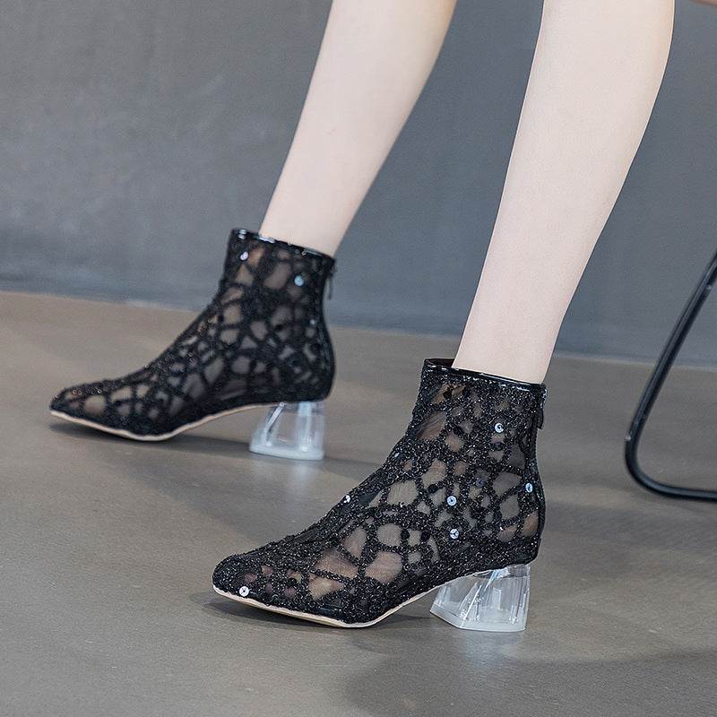 High-heeled Sandal Boots Women's Summer Net Red All-match Zipper Thick Heel - Mubimart