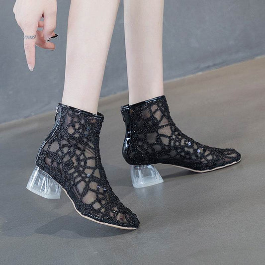 High-heeled Sandal Boots Women's Summer Net Red All-match Zipper Thick Heel - Mubimart