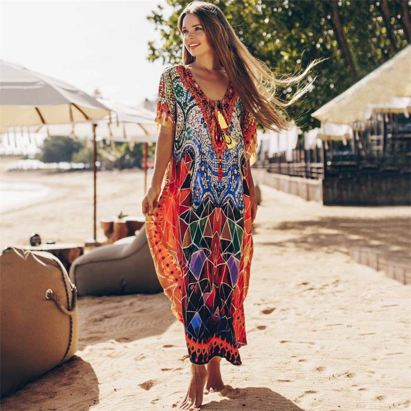 Cotton Beach Cover up Print Bathing suit cover up Swimwear Women Summer Dress Kaftan Robe de Plage Saida de Praia Tunics Pareo - Mubimart